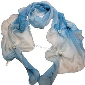 Blue Two Tone Gradient Color Fabric Tufted Rosette Rectangular scarf